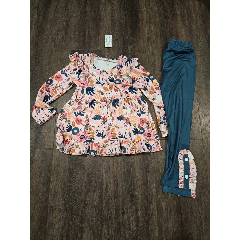 Pete + Lucy Girls Pink Floral Ruffle Tunic and Teal Leggings Set Size 7/8 NWT